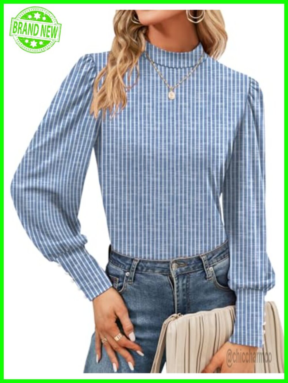 Mock Neck Puff Long Sleeve Blouse for Women Soft Stretchy Top
